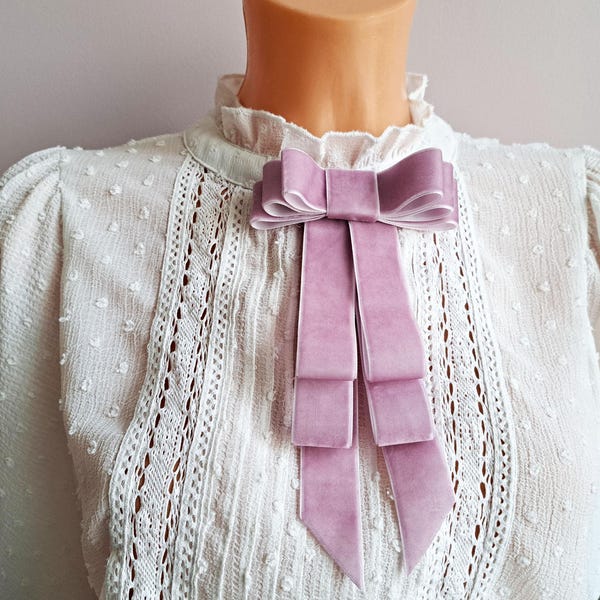 Handmade Velvet Ribbon Bow Brooch - Lilac, Purple, or Red