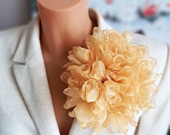 Yellow flower brooch Large flower pins Organza flower Gift for mom Oversized flower broach Elegant brooch Fabric flower  for women