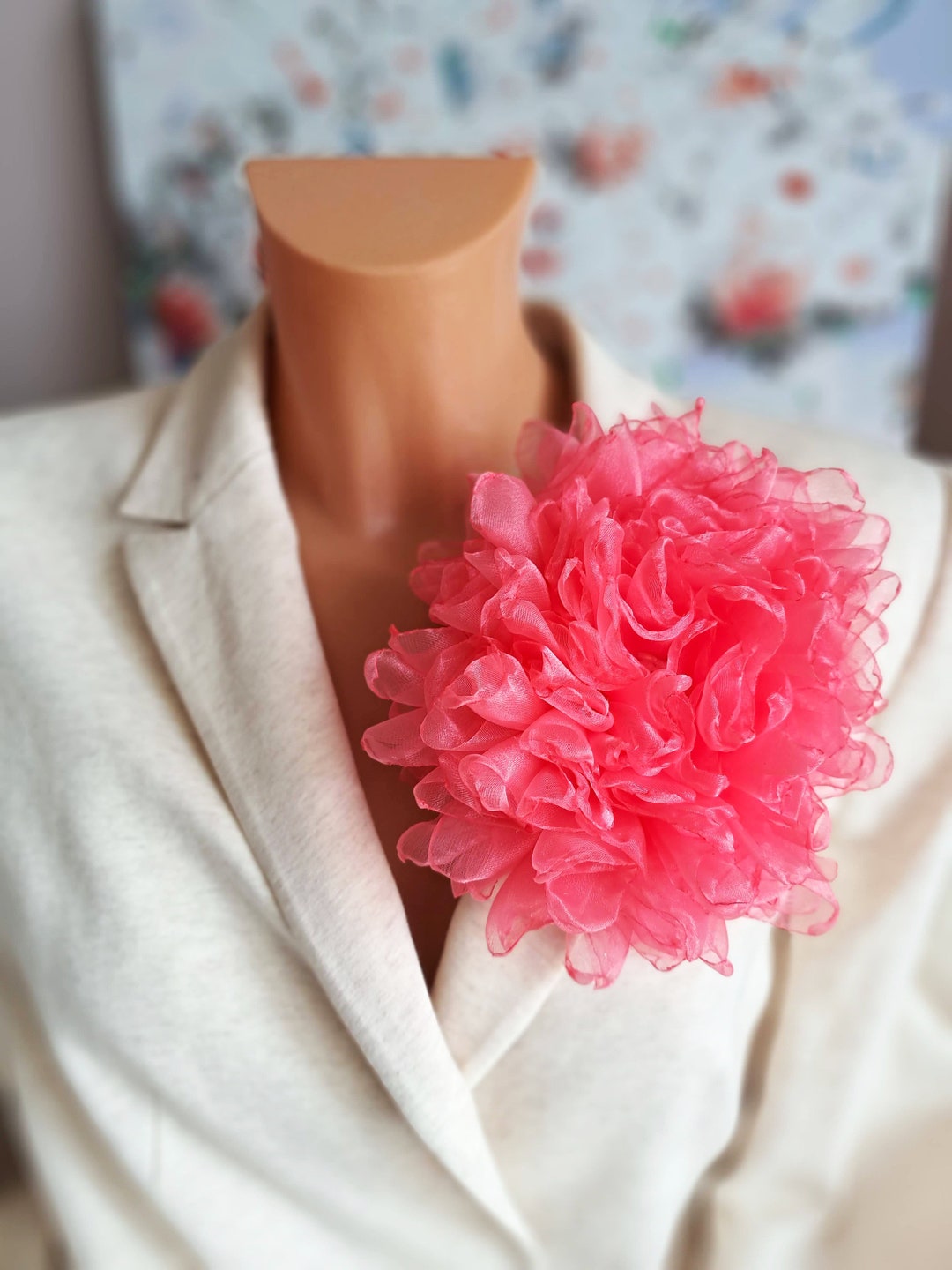 Broche Pince Fleur Jaune Crème Et Rose - 13 Cm - Excellent état - Vintage France