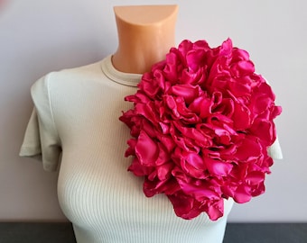 Oversized Pink Satin Flower Brooch, Handmade Statement Pin, Bridal Wedding