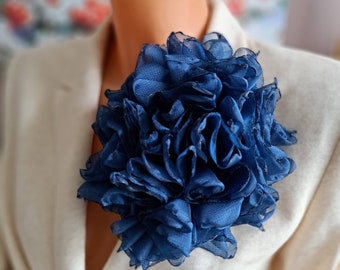 Organza flower Large flower pin Dark blue flower brooch Fashion floral broach Gift for mom Elegant flower brooch  for women Party brooch