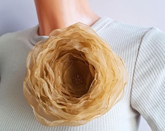 Large Mustard Yellow Organza Flower Brooch: Statement Fall Accessory