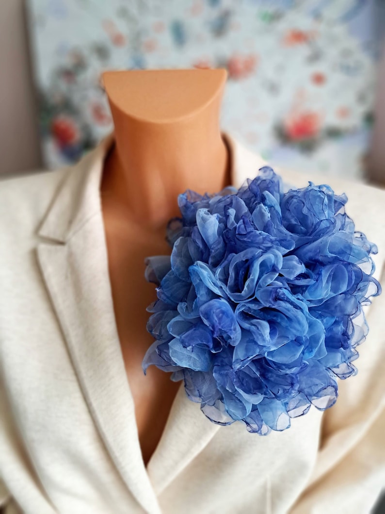 Organza flower Large flower pin Soft blue flower brooch Fashion floral broach Gift for mom Elegant flower brooch for women Party brooch image 1