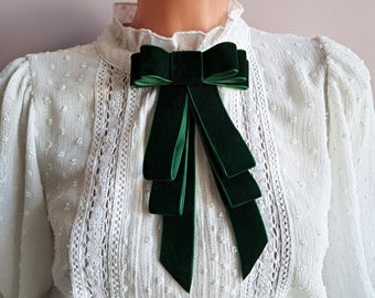 Deep Green Velvet Ribbon Tie Brooch, Handmade Bow-Tie Brooch for Women, Woman's Jabot Necktie