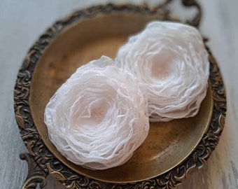 White handmade large flowers set 2 pcs Flowers brooch Flowers for crafts Sew on fabric flowers Millinery flower DIY hair accessories