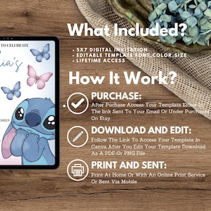 Puede incluir: Plantilla de invitaci&oacute;n digital con un personaje de dibujos animados azul y mariposas. El texto incluye "&iquest;Qu&eacute; incluye?" y "&iquest;C&oacute;mo funciona?" con instrucciones. La invitaci&oacute;n mide 12,7 x 17,8 cm.