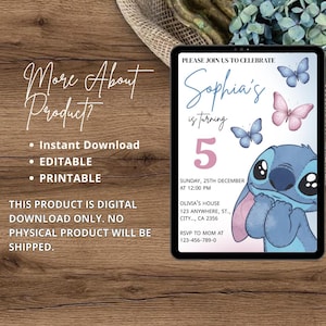 Puede incluir: Invitaci&oacute;n digital para un quinto cumplea&ntilde;os, con el nombre "Sophia" y un personaje de dibujos animados. El dise&ntilde;o incluye mariposas rosas y azules, con la fecha y hora de la fiesta. La invitaci&oacute;n es de descarga instant&aacute;nea, editable e imprimible.