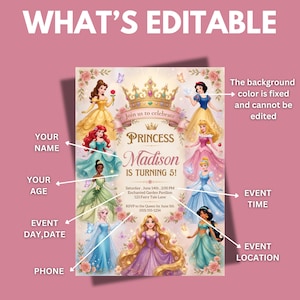 May include: A digital birthday invitation template featuring eight illustrated princesses surrounding a central gold crown and text that reads: WHAT'S EDITABLE, PRINCESS, Madison IS TURNING 5!, Saturday, June 14th, 2:00 PM, Enchanted Garden Pavilion, 123 Fairy Tale Lane, RSVP to the Queen by June 5th, (555) 555-1234.