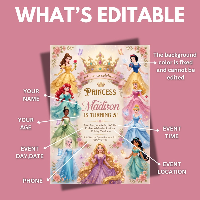 May include: A digital birthday invitation template featuring eight illustrated princesses surrounding a central gold crown and text that reads: WHAT'S EDITABLE, PRINCESS, Madison IS TURNING 5!, Saturday, June 14th, 2:00 PM, Enchanted Garden Pavilion, 123 Fairy Tale Lane, RSVP to the Queen by June 5th, (555) 555-1234.