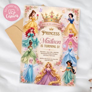 Princess Birthday Invitation Princess Birthday Template Princess Theme Party Princess Invite Princess Canva Template Royal Birthday Invite image 4
