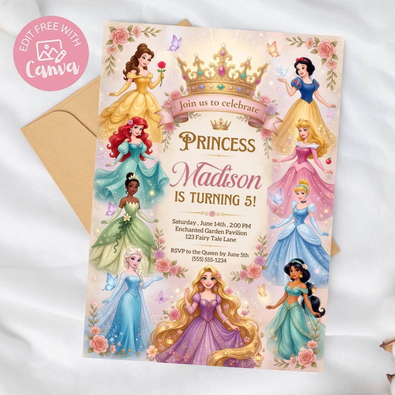 Princess Birthday Invitation Princess Birthday Template Princess Theme Party Princess Invite Princess Canva Template Royal Birthday Invite image 4