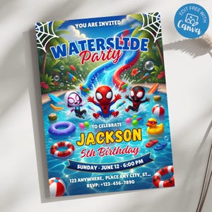 Pode incluir: Um cartão de convite retangular para uma Waterslide Party com três super-heróis de desenho animado numa piscina, escorregas de água, bolas de praia e um pato de borracha amarelo. O texto inclui YOU ARE INVITED, JACKSON 5TH BIRTHDAY, SUNDAY JUNE 12 6:00 PM e RSVP +123-456-7890.