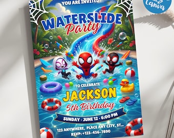 Invitación editable para fiesta en la piscina de Spidey, invitación para fiesta acuática de Spidey, Spidey y sus increíbles amigos, plantilla editable de Canva