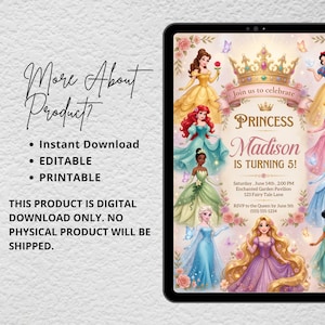 Princess Birthday Invitation Princess Birthday Template Princess Theme Party Princess Invite Princess Canva Template Royal Birthday Invite image 6