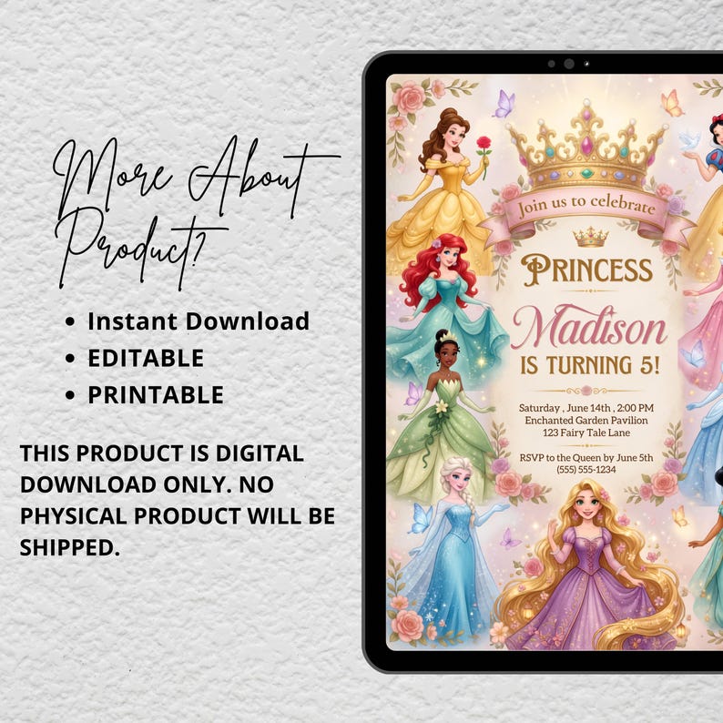 Princess Birthday Invitation Princess Birthday Template Princess Theme Party Princess Invite Princess Canva Template Royal Birthday Invite image 6