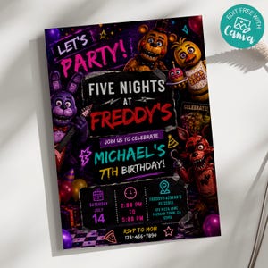Invito di compleanno a tema FNAF, invito a tema Five Nights at Freddy's, modello Canva modificabile, invito di compleanno per ragazzi, stampabile, download immediato