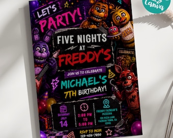 FNAF Birthday Invitation, Five Nights at Freddys Invite, Editable Canva Template, Boys Birthday Invite, Printable, Instant Download
