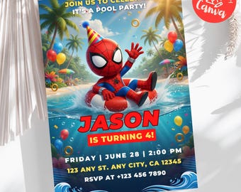 Editable Spidey Pool Party Invitation, Spidey and his Amazing Friends Invite, Pool Party Invitation, Canva Template, Digital Download