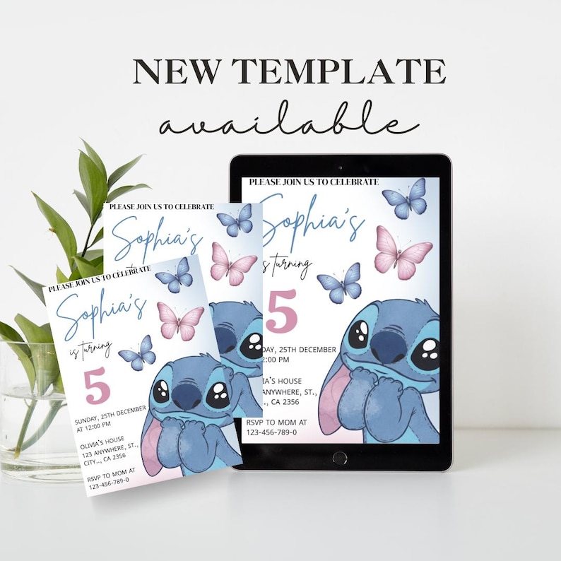 Puede incluir: Una plantilla de invitaci&oacute;n de fiesta de cumplea&ntilde;os con un personaje de dibujos animados azul, mariposas y el texto "Sophia's turning 5". La invitaci&oacute;n se muestra en una tableta e impresa en papel, con las palabras "New Template available."