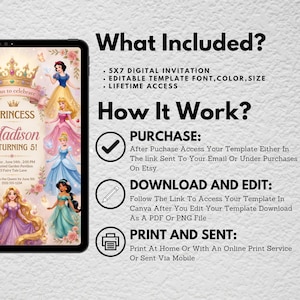 May include: A digital invitation template featuring illustrations of five princesses in colorful gowns, a gold crown, and floral accents. The text includes What Included, 5x7 digital invitation, editable template font, color, size, lifetime access, and How It Work.