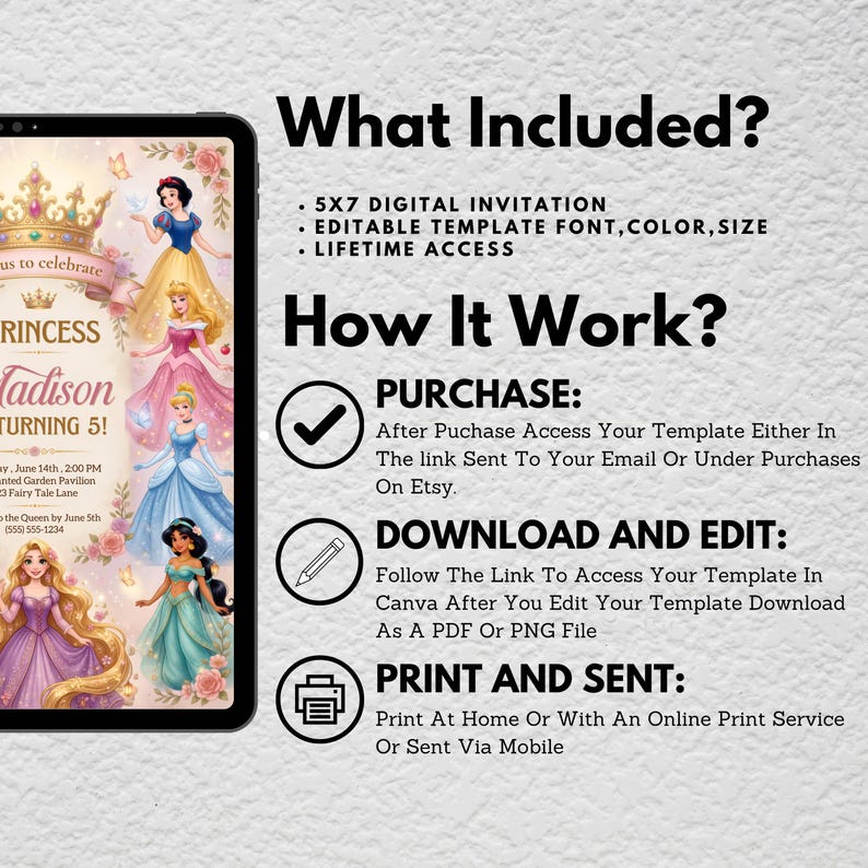 May include: A digital invitation template featuring illustrations of five princesses in colorful gowns, a gold crown, and floral accents. The text includes What Included, 5x7 digital invitation, editable template font, color, size, lifetime access, and How It Work.