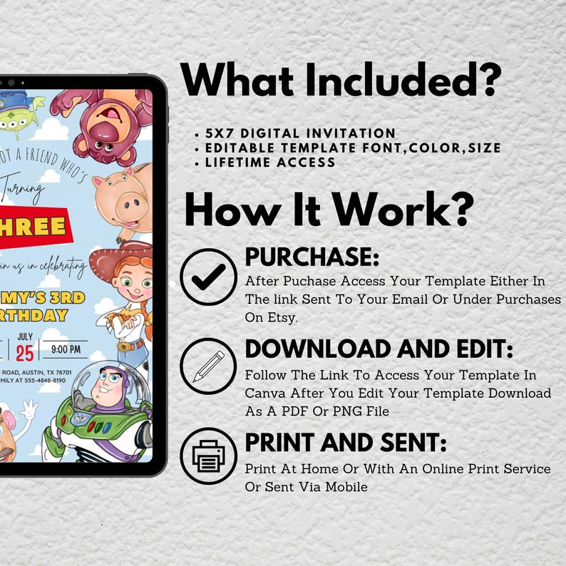 Pode incluir: Um modelo de convite digital 5x7 com personagens de Toy Story, incluindo Buzz Lightyear, Jessie e Lotso, em um fundo de c&eacute;u azul claro com nuvens. O texto inclui 'What Included?', 'How It Work?' e instru&ccedil;&otilde;es para edi&ccedil;&atilde;o no Canva.