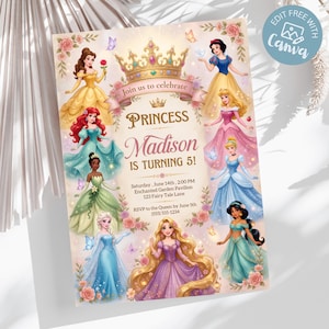 May include: A rectangular birthday invitation card featuring illustrations of various princesses in colorful gowns surrounding a central gold crown. The text reads: Join us to celebrate PRINCESS Madison IS TURNING 5! Saturday, June 14th, 2:00 PM, Enchanted Garden Pavilion, 123 Fairy Tale Lane, RSVP to the Queen by June 5th (555) 555-1234.