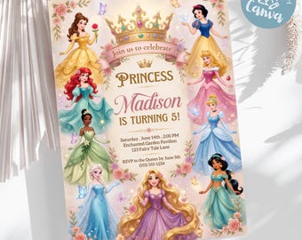 Invitación de cumpleaños de princesa Plantilla de cumpleaños de princesa Fiesta temática de princesa Invitación de princesa Plantilla de Canva de princesa Invitación de cumpleaños real