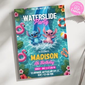 Stitch Lilo Pool Birthday Invitation , Stitch Angel Waterslide Party Invitation , Stitch Lilo Pool Invitation Download , Stitch Invitation