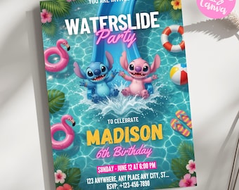 Stitch Lilo Pool Birthday Invitation , Stitch Angel Waterslide Party Invitation , Stitch Lilo Pool Invitation Download , Stitch Invitation