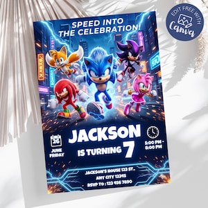 May include: A rectangular birthday invitation card featuring Sonic the Hedgehog, Tails, Knuckles, Shadow, and Amy Rose in a city setting. The text reads SPEED INTO THE CELEBRATION, JACKSON IS TURNING 7, 26 JUNE FRIDAY, 5:00 PM - 8:00 PM, and address details.