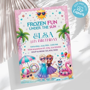 Könnte beinhalten: Eine rechteckige Geburtstagseinladungskarte mit Sommermotiv, auf der Elsa und Anna herzförmige Sonnenbrillen tragen. Der Text lautet FROZEN FUN UNDER THE SUN, ELSA 5TH BIRTHDAY, Saturday, July 19th, 2:00 PM, 1234 Anywhere ST, City, CA 123456, RSVP to MOM: 123,456,7890.