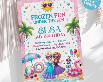 Invitación de cumpleaños para fiesta de verano Frozen Fun, fiesta en la piscina Princesa Elsa Anna Olaf Invitación 2º 3º 4º 5º plantilla decoración niña descarga instantánea