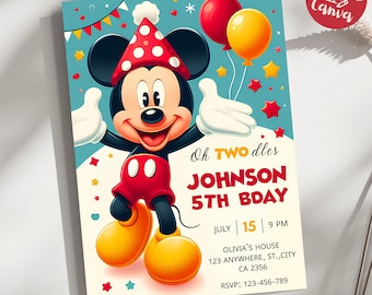 Editable Oh Twodles Birthday Invitation, Mickey Mouse 2nd Birthday Invitation, Personalized Kids Invite, Canva Template, Instant Download