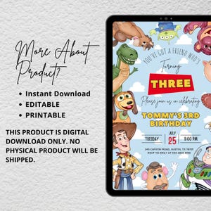 Pode incluir: Um modelo de convite de anivers&aacute;rio digital com personagens de Toy Story como Woody, Buzz Lightyear, Rex e Slinky Dog em um fundo de c&eacute;u azul claro com nuvens. O texto diz You've got a friend who's turning THREE, Tommy's 3rd Birthday.