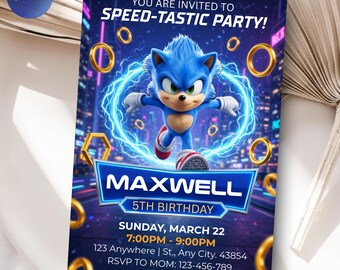 Invitación de cumpleaños de Sonic para fiesta infantil, invitación para fiesta de Super Hedgehog Boys, invitación editable de cumpleaños de Sonic 3, descarga instantánea