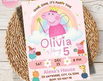 Peppa Pig-verjaardagsuitnodiging: bewerkbare digitale sjabloon (5 x 7 canvas)