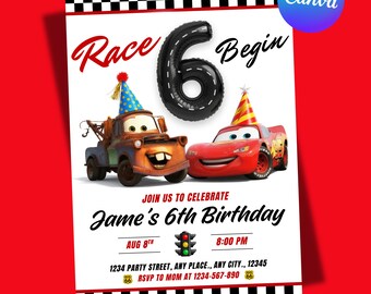 Lightning Mcqueen 6th Birthday Invitation, Cars Theme Birthday, Kids Birthday Party, Editable Personalized Canva Digital Download