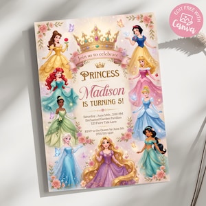 Princess Birthday Invitation Princess Birthday Template Princess Theme Party Princess Invite Princess Canva Template Royal Birthday Invite image 2