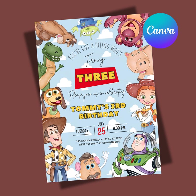 Pode incluir: Um cart&atilde;o de convite de anivers&aacute;rio com personagens de desenhos animados num fundo de c&eacute;u azul claro com nuvens brancas. O texto diz: You've got a friend who's turning THREE, Tommy's 3rd birthday, Tuesday July 25, 9:00 PM, 245 Canyon Road, Austin, TX 78701, RSVP to Emily at 555-4848-8190.