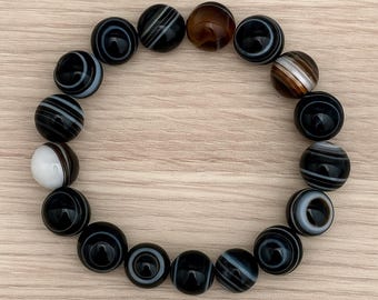 Pulsera elástica de ágata negra de 8 mm / Joyería con cuentas de piedra natural