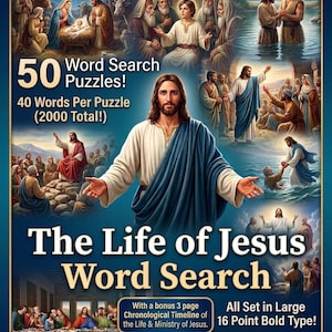 Puede incluir: Un libro de sopas de letras en formato PDF digital titulado The Life of Jesus Word Search de Global Connections. Contiene 50 acertijos con 40 palabras cada uno, sumando 2000 palabras en fuente negrita de 16 puntos. La portada muestra escenas bíblicas y mide 21,6 por 27,9 cm.
