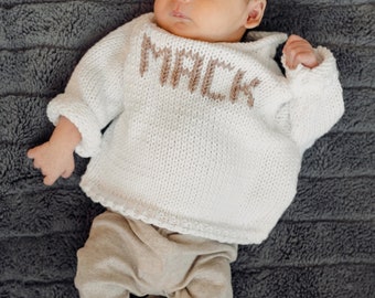 0/3, 3/6, 6/9 month-White or Natural Cotton Sweaters -Big Single-Letter, Name etc