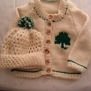 Newborn, Baby Irish Style Aran Cardigan Acrylic-Blend Set w/Tam