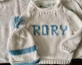Baby Boy Sweater Hat Set-- 3/6 mos, 6/9 mos; 9/12 mos - Handknit Cotton