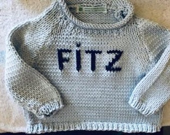 Lt Blue Cotton-3/6 mos, 6/9mos, 9/12mos - Name-Embroidered or Mono Handknit Cotton Sweaters