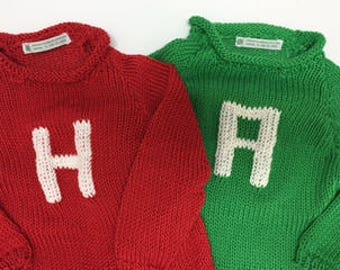 12/18 mos, 22 months or 2T---Big Letter Monogram  Centered Handknit Cotton Sweaters