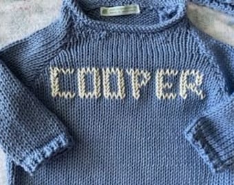 18/22, 2T, 3T- Stonewash Denim- Cotton-Name Handknit Cotton Sweaters