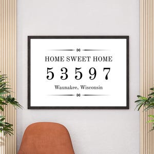 Niestandardowa grafika ścienna z kodem pocztowym, miastem i stanem do druku | Pobieranie cyfrowe | Nowoczesny wystrój domu