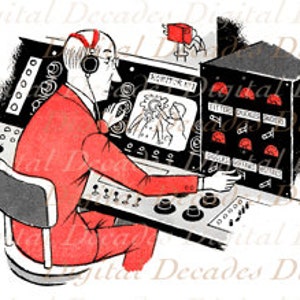 Peut inclure: Un homme portant un casque est assis devant un panneau de contrôle avec un moniteur de télévision affichant une image de dessin animé de deux personnes. Le moniteur est intitulé "Automatic 11".